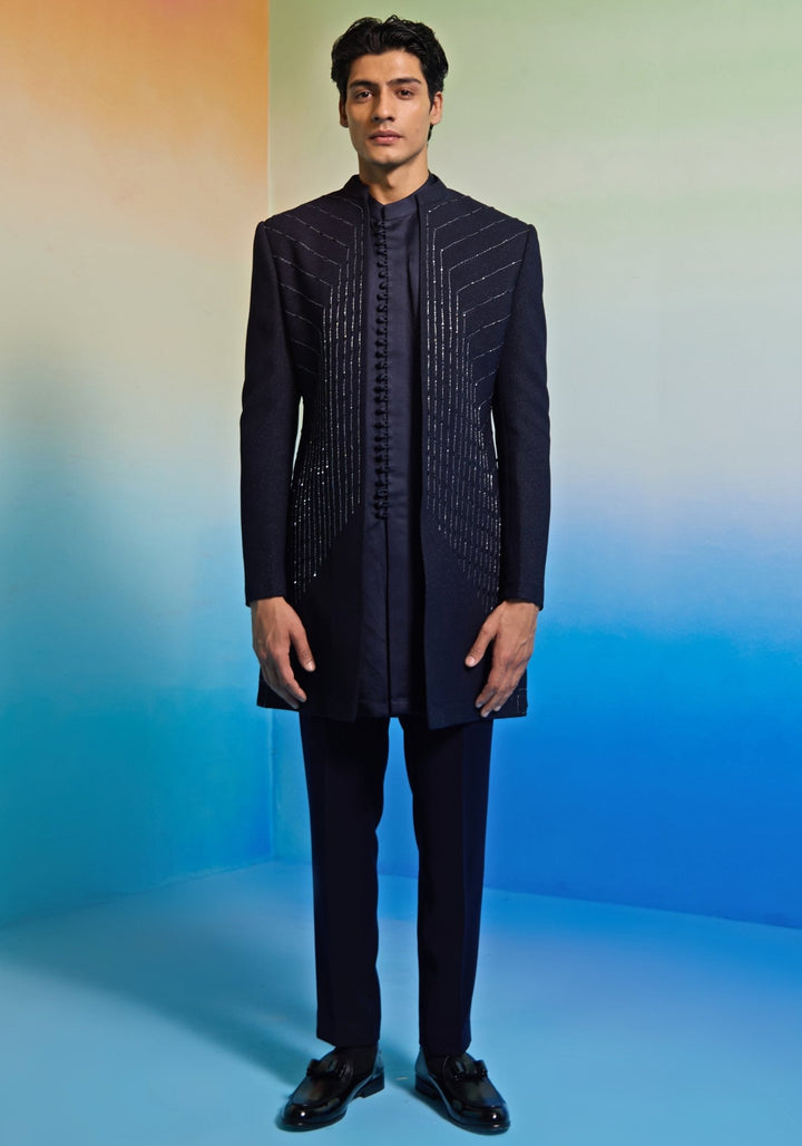 Navy Blue Geometric Embroidered Sherwani Set Contrast by Parth - Fabilicious Fashion