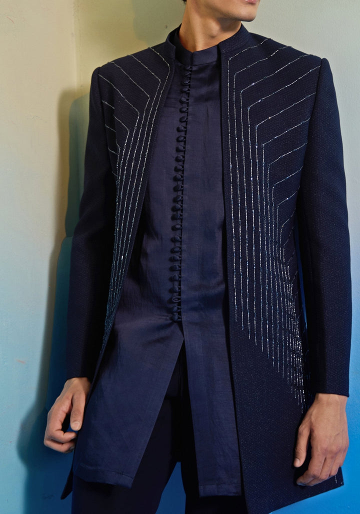 Navy Blue Geometric Embroidered Sherwani Set Contrast by Parth - Fabilicious Fashion