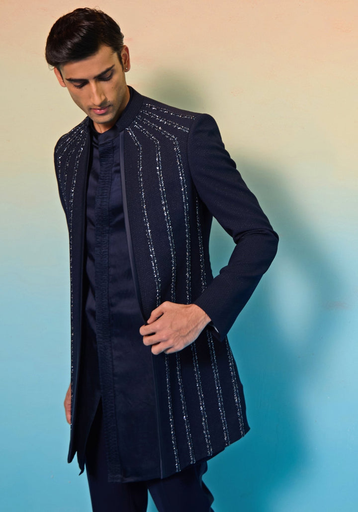 Navy Blue Open Jacket Sherwani Set Contrast by Parth - Fabilicious Fashion