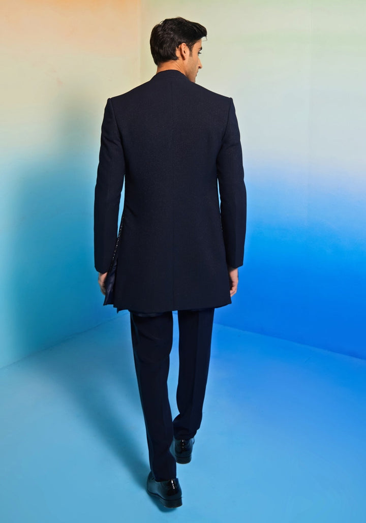 Navy Blue Open Jacket Sherwani Set Contrast by Parth - Fabilicious Fashion