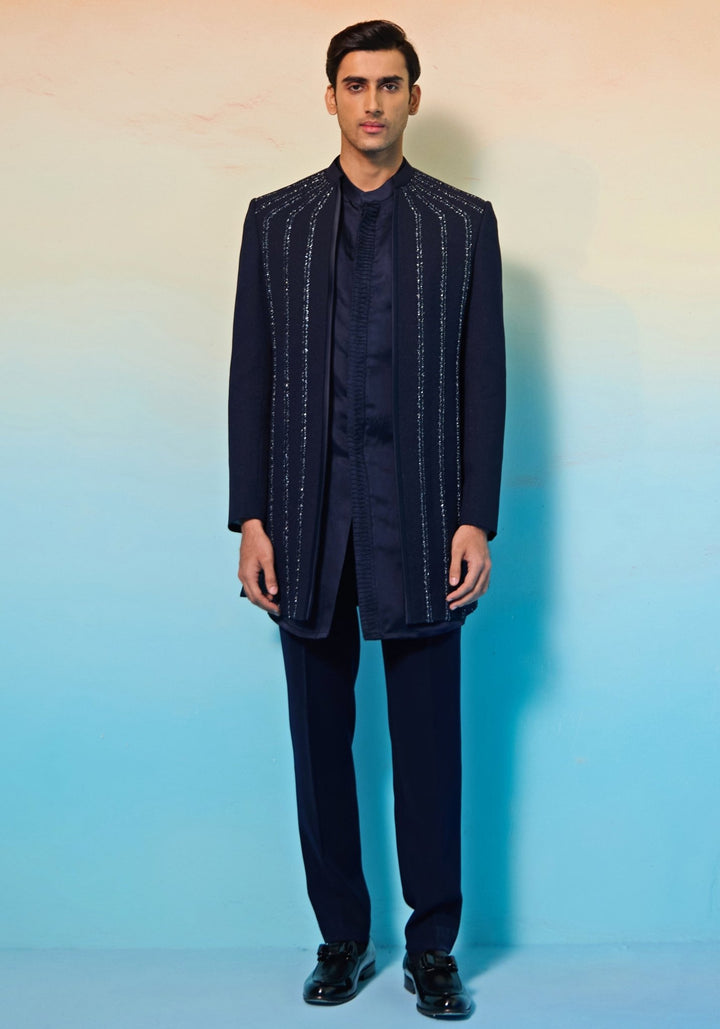 Navy Blue Open Jacket Sherwani Set Contrast by Parth - Fabilicious Fashion