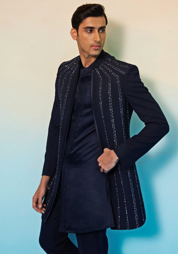 Navy Blue Open Jacket Sherwani Set Contrast by Parth - Fabilicious Fashion