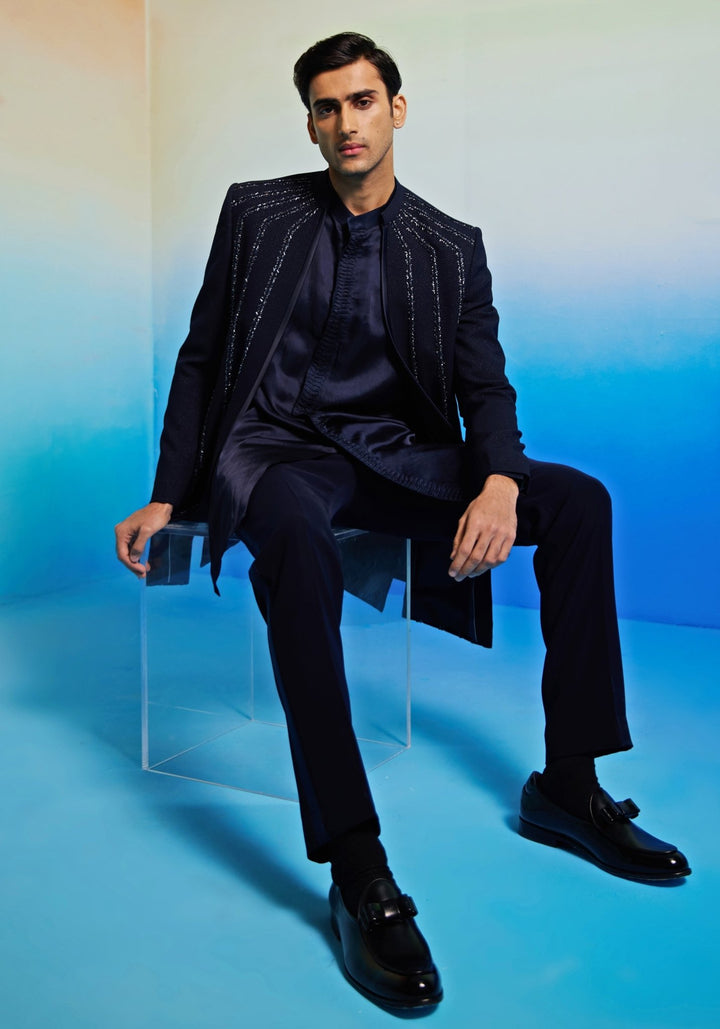 Navy Blue Open Jacket Sherwani Set Contrast by Parth - Fabilicious Fashion