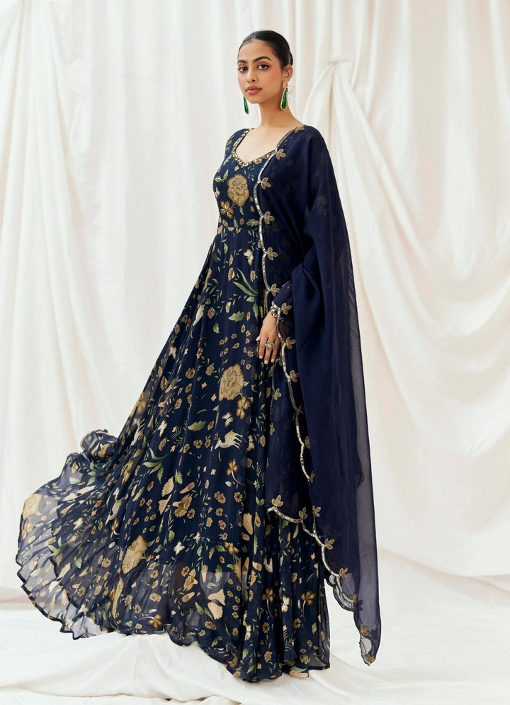 Navy Blue Printed Georgette Anarkali Set Redpine - Fabilicious Fashion
