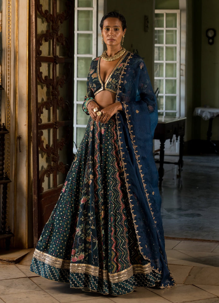 Navy Blue Printed Organza Lehenga Set Paulmi and Harsh - Fabilicious Fashion
