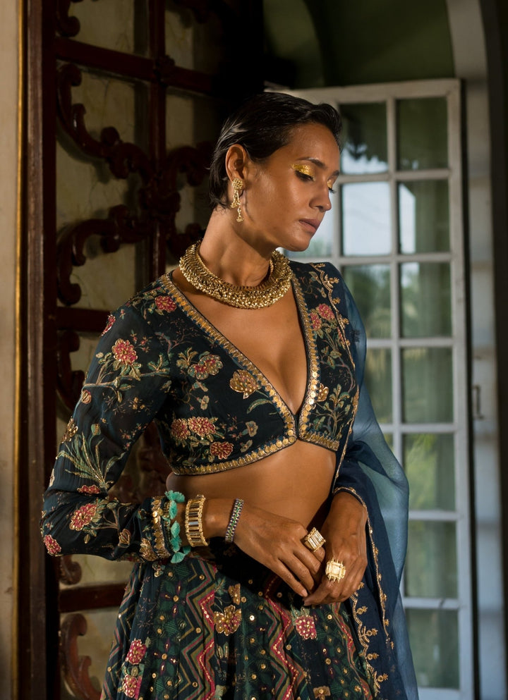 Navy Blue Printed Organza Lehenga Set Paulmi and Harsh - Fabilicious Fashion