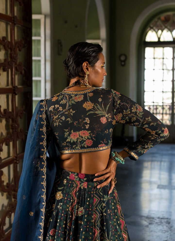 Navy Blue Printed Organza Lehenga Set Paulmi and Harsh - Fabilicious Fashion