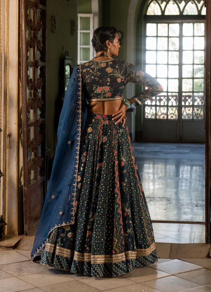 Navy Blue Printed Organza Lehenga Set Paulmi and Harsh - Fabilicious Fashion
