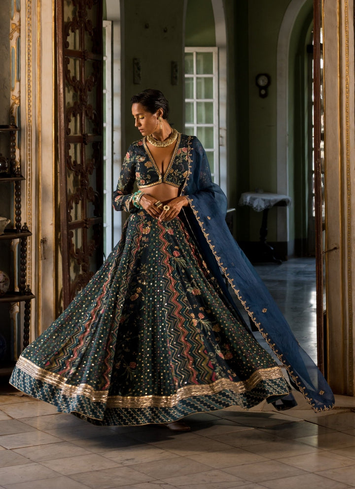 Navy Blue Printed Organza Lehenga Set Paulmi and Harsh - Fabilicious Fashion
