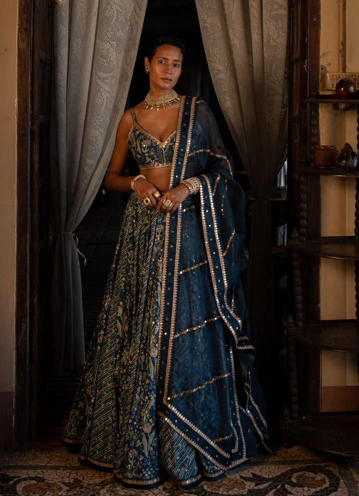 Navy Blue Printed Silk Lehenga Set Paulmi and Harsh - Fabilicious Fashion