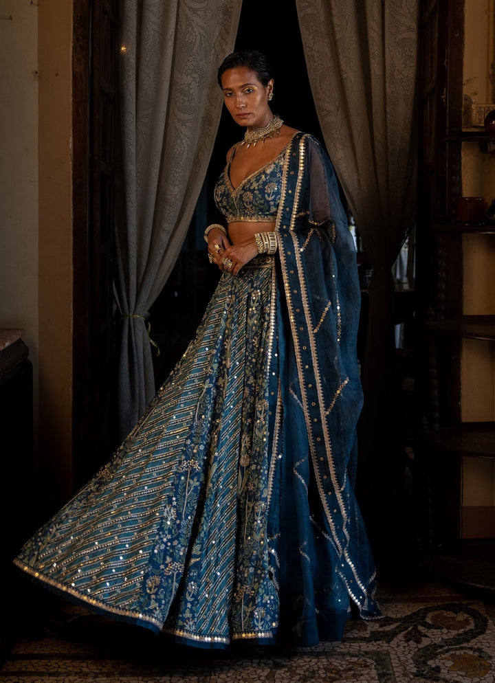Navy Blue Printed Silk Lehenga Set Paulmi and Harsh - Fabilicious Fashion