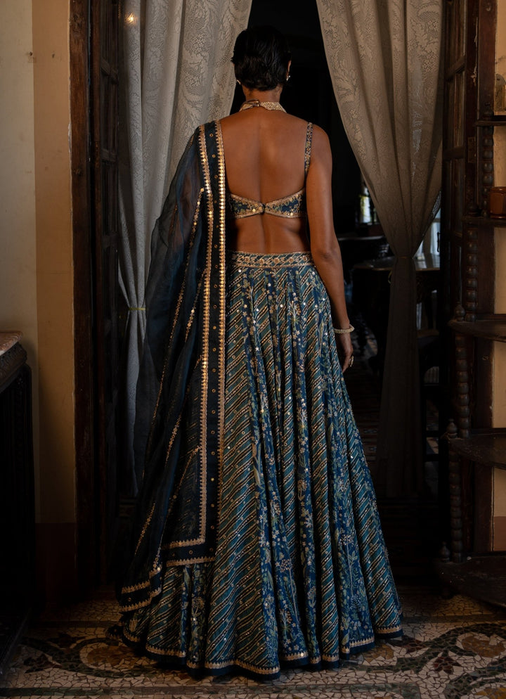 Navy Blue Printed Silk Lehenga Set Paulmi and Harsh - Fabilicious Fashion