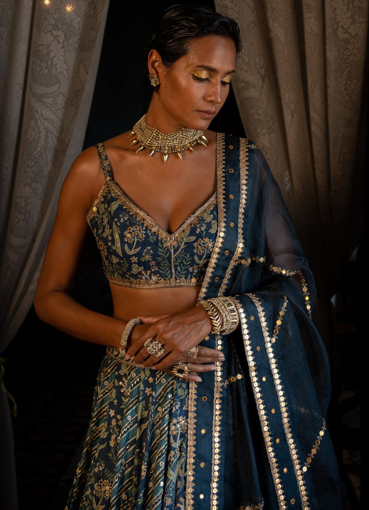 Navy Blue Printed Silk Lehenga Set Paulmi and Harsh - Fabilicious Fashion