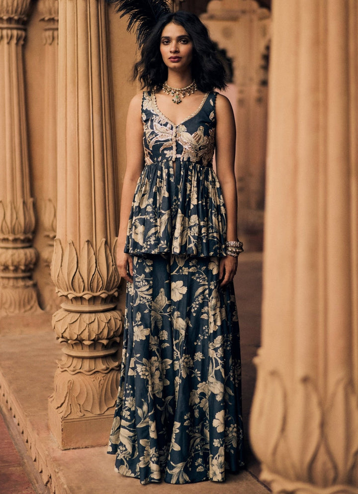 Navy Blue Printed Silk Peplum Kurta Palazzo Set Paulmi and Harsh - Fabilicious Fashion