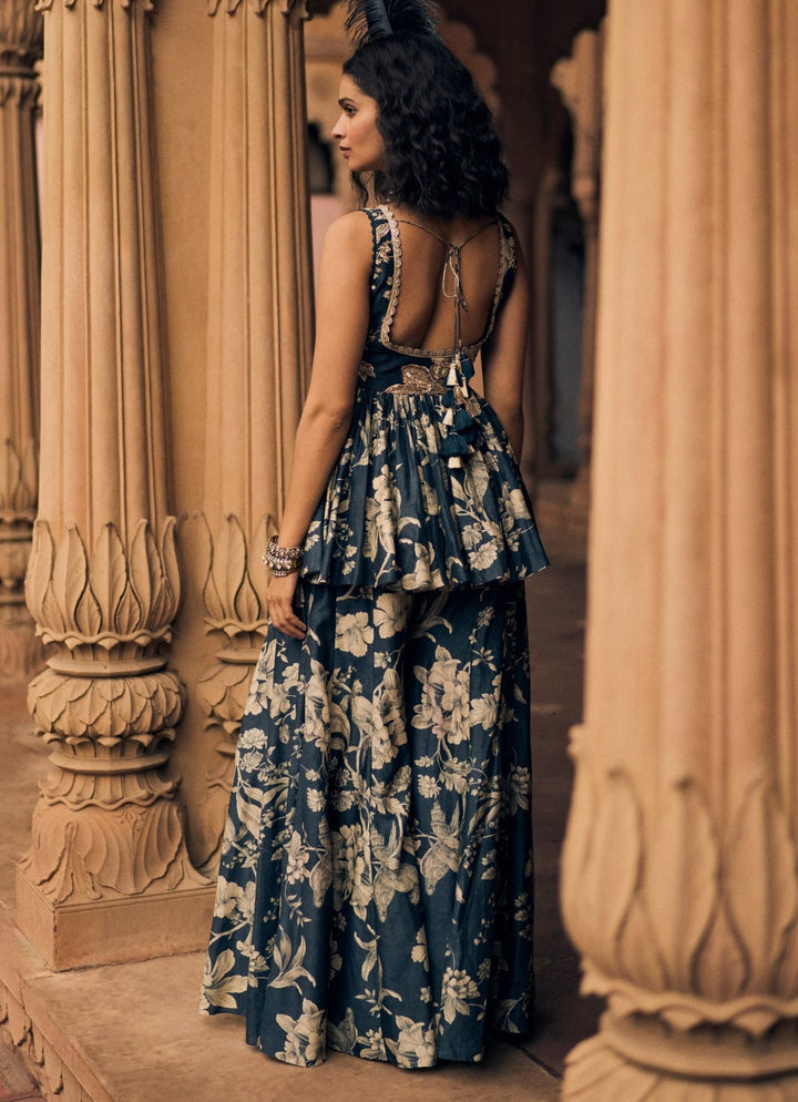 Navy Blue Printed Silk Peplum Kurta Palazzo Set Paulmi and Harsh - Fabilicious Fashion