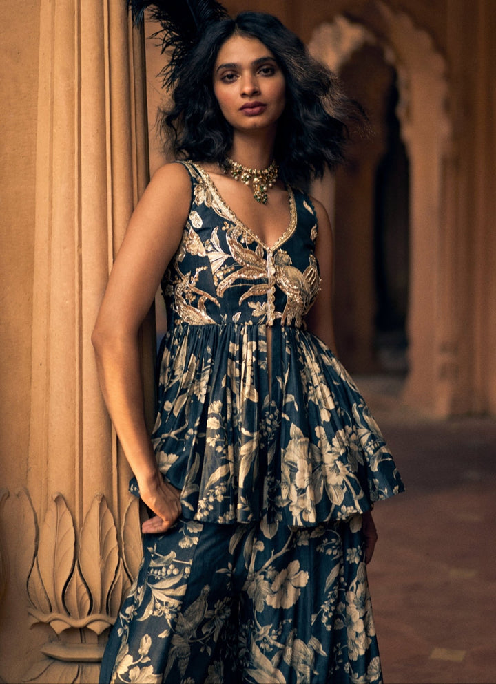 Navy Blue Printed Silk Peplum Kurta Palazzo Set Paulmi and Harsh - Fabilicious Fashion
