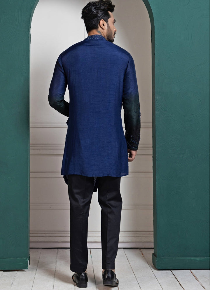 Navy Blue Silk Embroidered Kurta Pant Set Smriti - Fabilicious Fashion