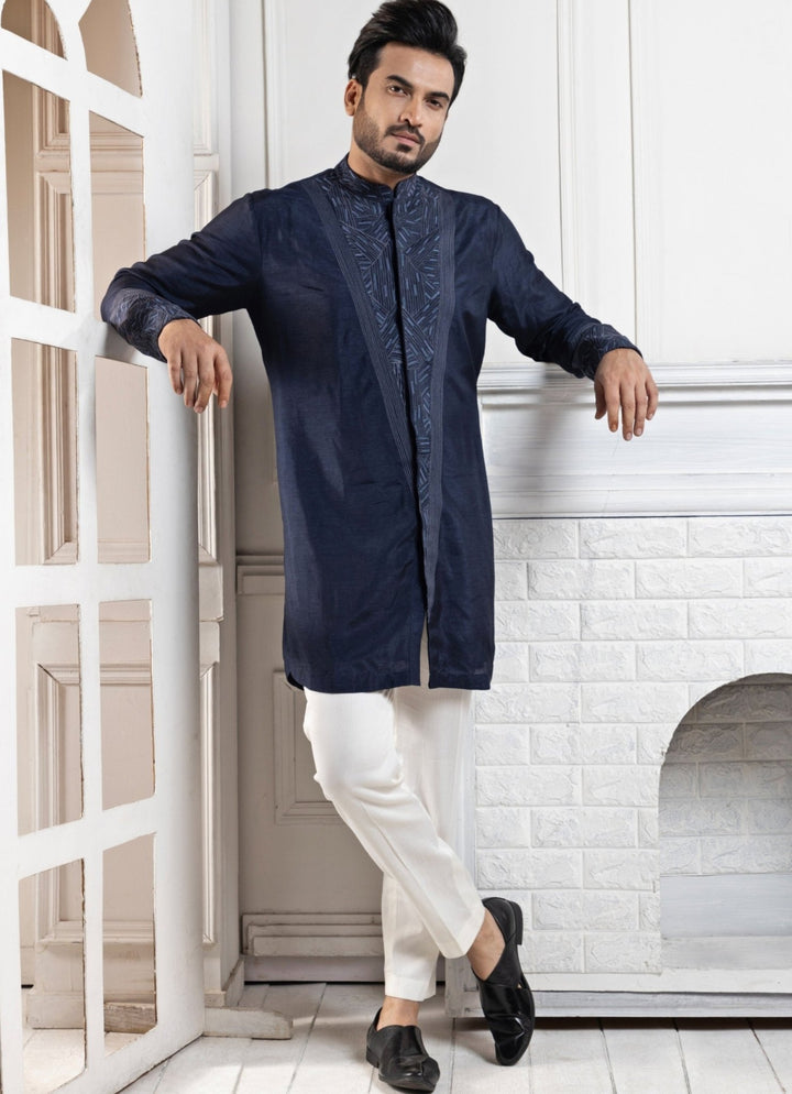 Navy Blue Silk Embroidered Kurta Pant Set Smriti - Fabilicious Fashion
