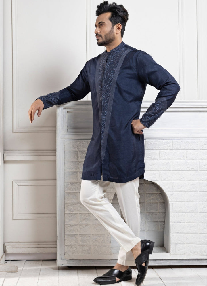Navy Blue Silk Embroidered Kurta Pant Set Smriti - Fabilicious Fashion