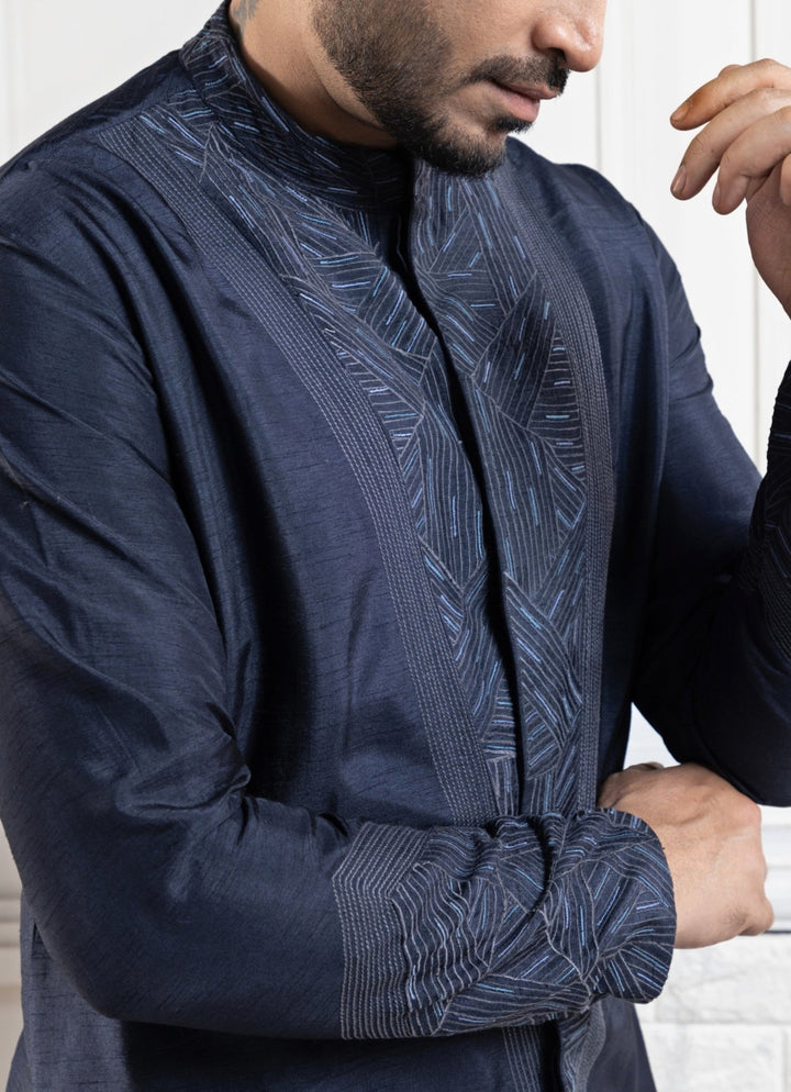 Navy Blue Silk Embroidered Kurta Pant Set Smriti - Fabilicious Fashion