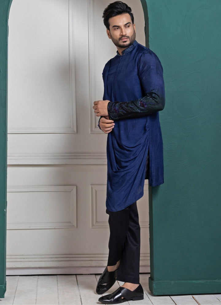 Navy Blue Silk Embroidered Kurta Pant Set Smriti - Fabilicious Fashion