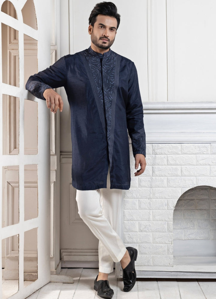 Navy Blue Silk Embroidered Kurta Pant Set Smriti - Fabilicious Fashion