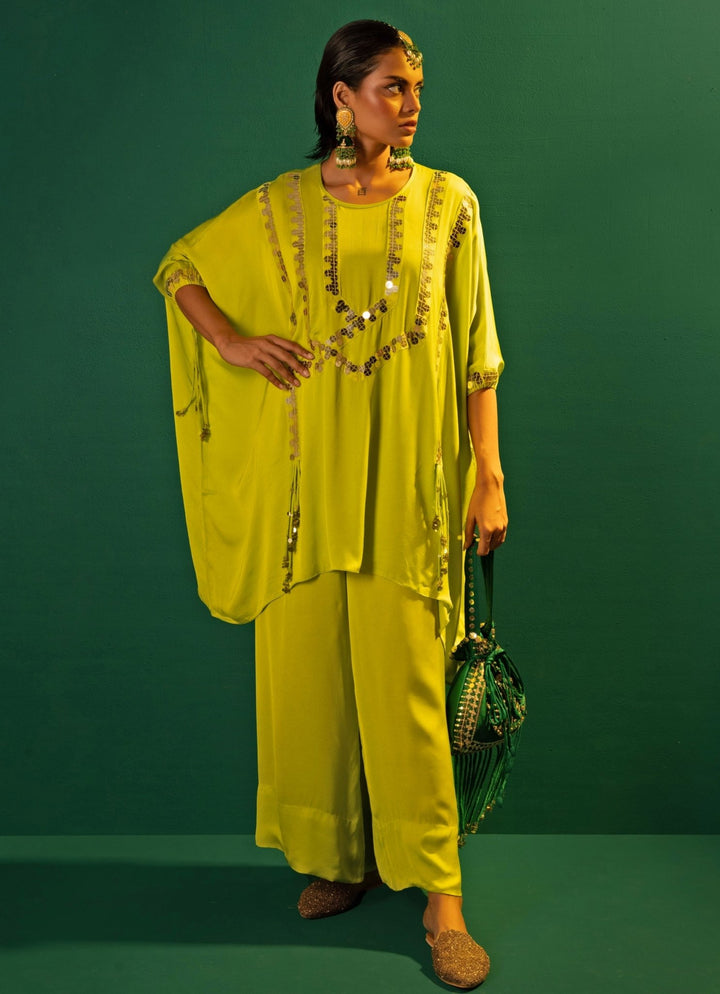 Neon Green Anti Fit Satin Tunic Co - Ord Set Prahnaaya - Fabilicious Fashion