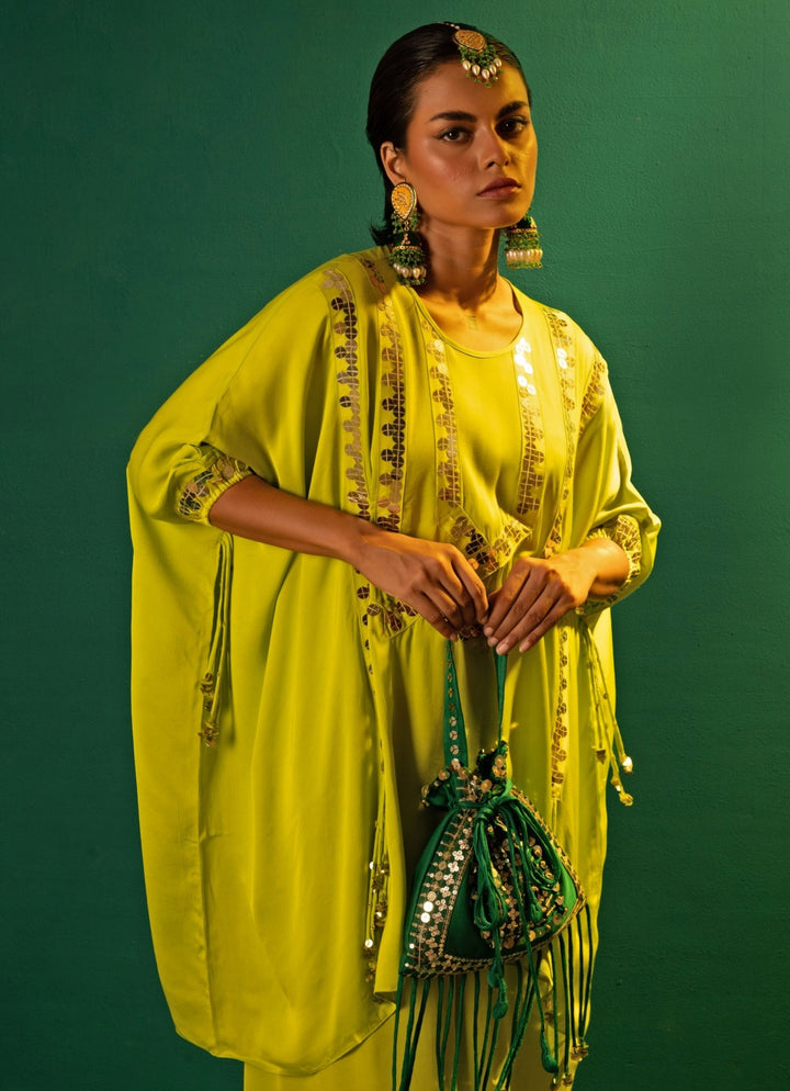 Neon Green Anti Fit Satin Tunic Co - Ord Set Prahnaaya - Fabilicious Fashion