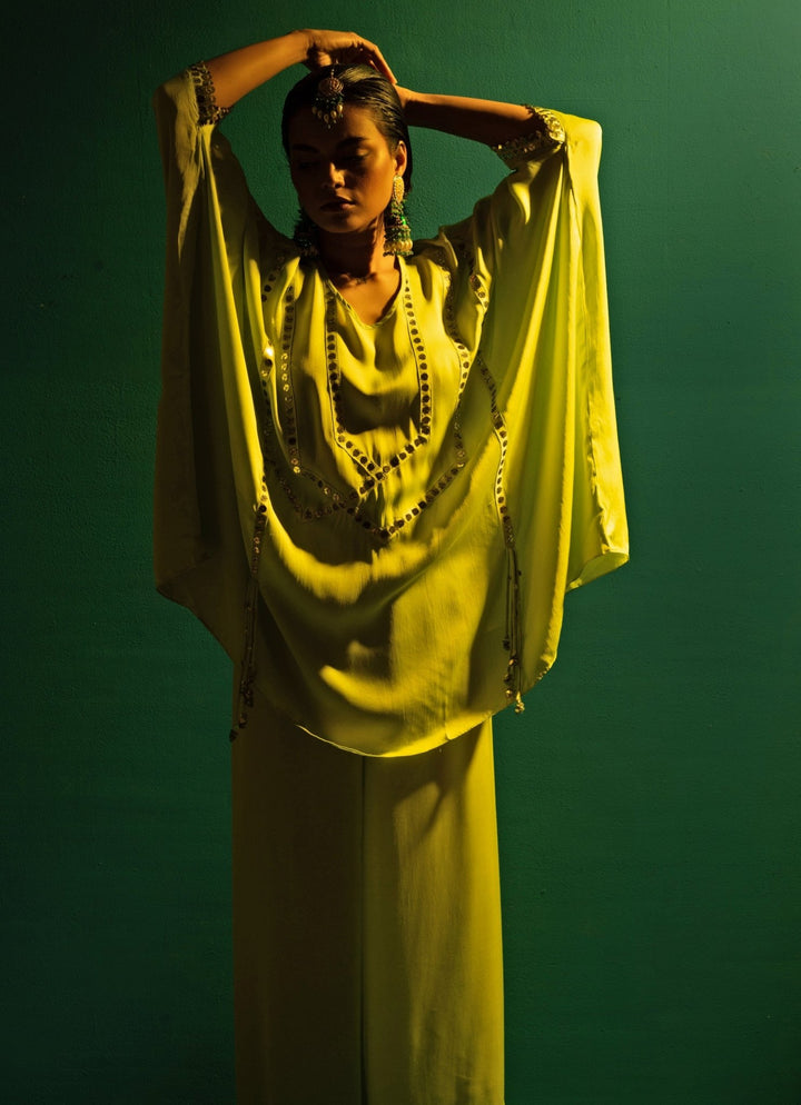 Neon Green Anti Fit Satin Tunic Co - Ord Set Prahnaaya - Fabilicious Fashion