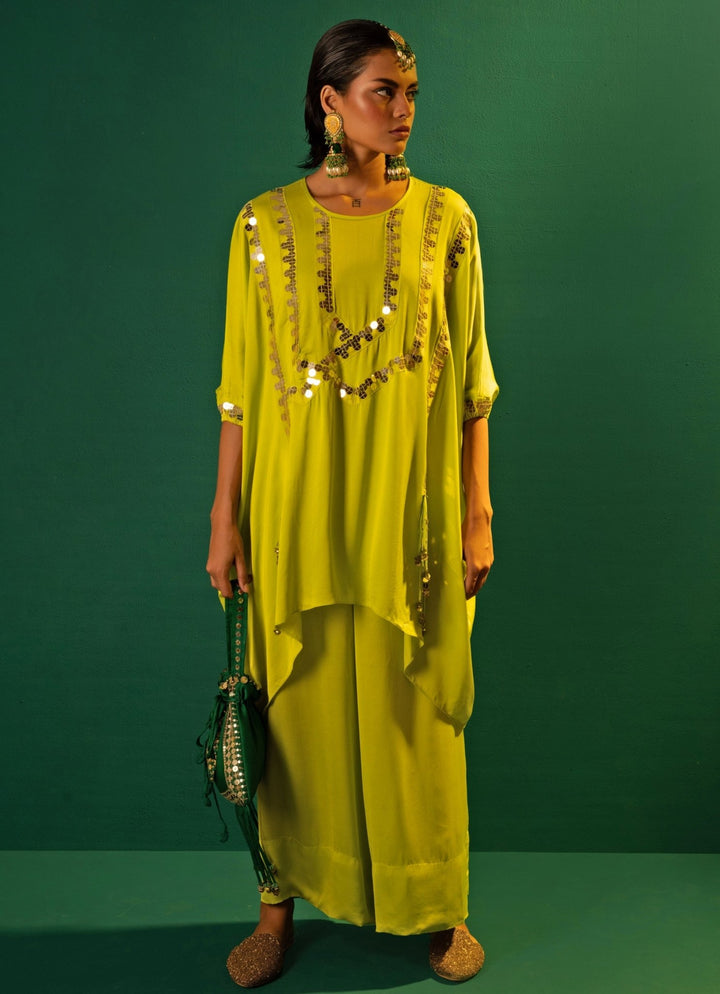 Neon Green Anti Fit Satin Tunic Co - Ord Set Prahnaaya - Fabilicious Fashion