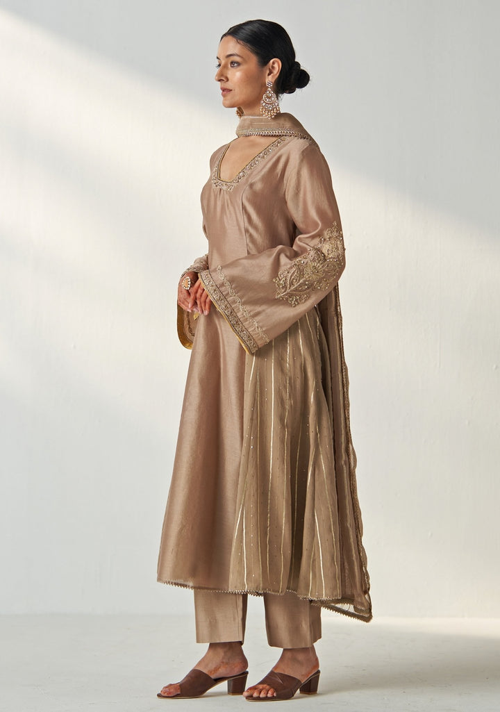 Nude Gold Embroidered Chanderi Anarkali Pant Set Studio Bagechaa - Fabilicious Fashion