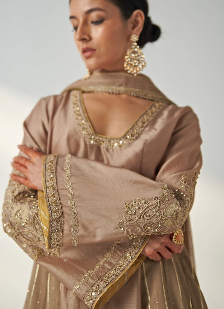 Nude Gold Embroidered Chanderi Anarkali Pant Set Studio Bagechaa - Fabilicious Fashion