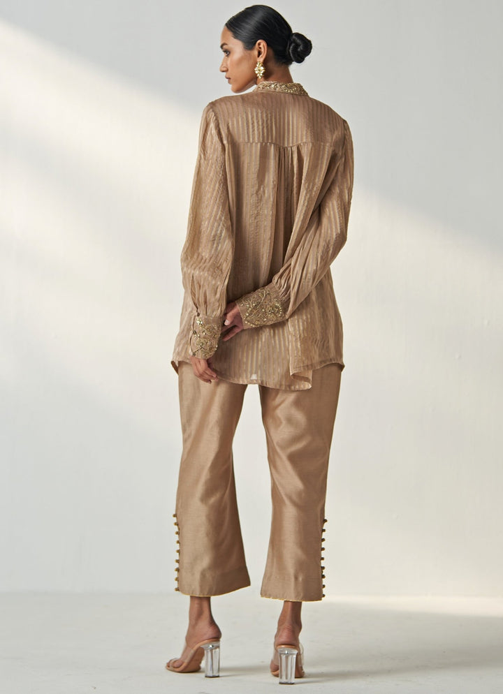 Nude Gold Embroidered Organza Shirt And Pant Set Studio Bagechaa - Fabilicious Fashion