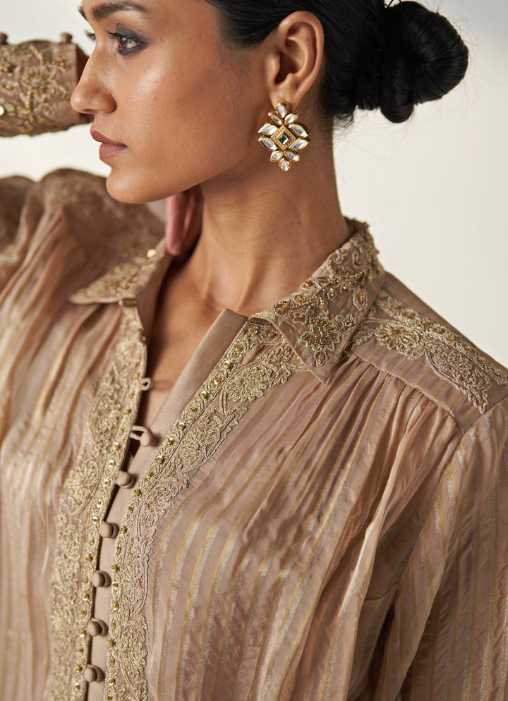 Nude Gold Embroidered Organza Shirt And Pant Set Studio Bagechaa - Fabilicious Fashion