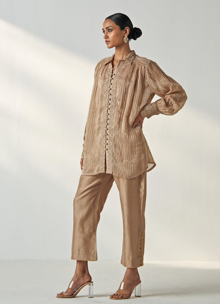 Nude Gold Embroidered Organza Shirt And Pant Set Studio Bagechaa - Fabilicious Fashion