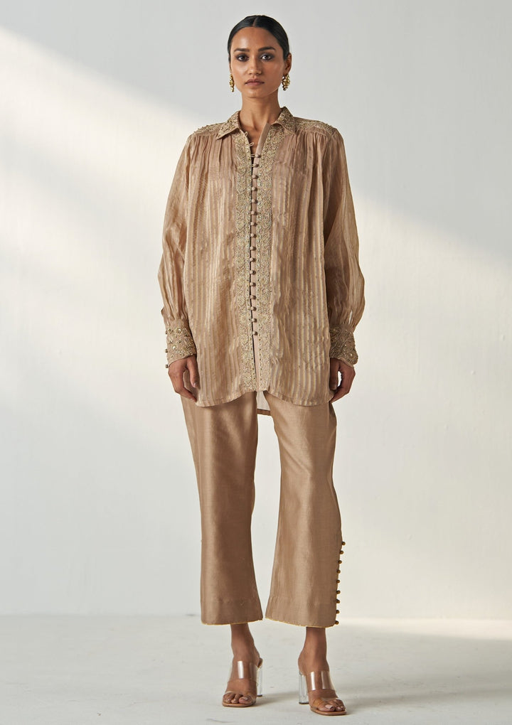 Nude Gold Embroidered Organza Shirt And Pant Set Studio Bagechaa - Fabilicious Fashion