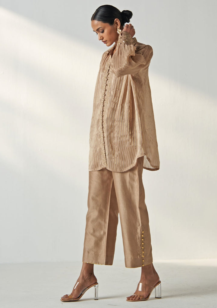 Nude Gold Embroidered Organza Shirt And Pant Set Studio Bagechaa - Fabilicious Fashion
