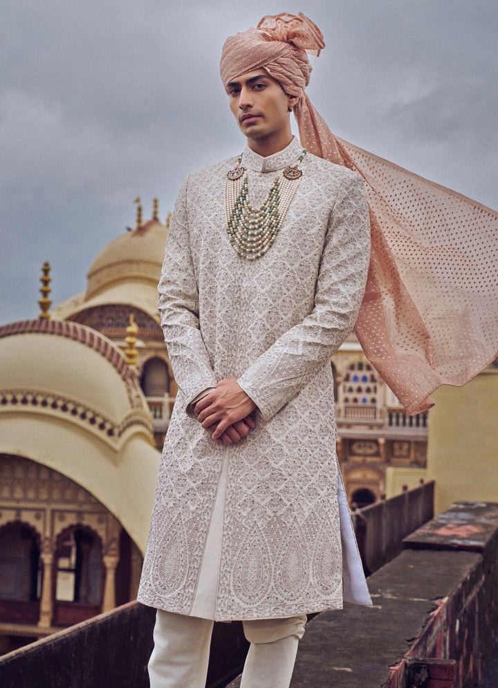 Nude Gold Embroidered Silk Sherwani Set Nitika Gujral - Men - Fabilicious Fashion