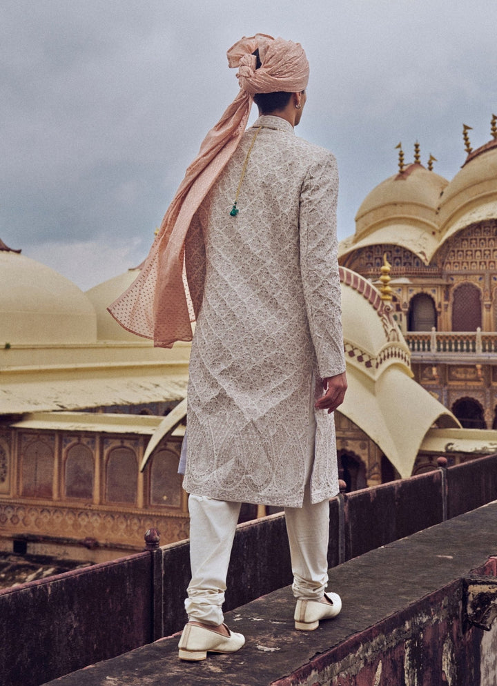 Nude Gold Embroidered Silk Sherwani Set Nitika Gujral - Men - Fabilicious Fashion