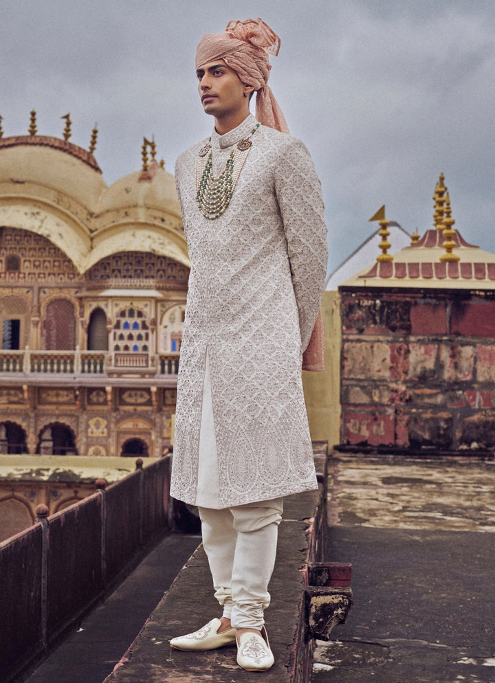 Nude Gold Embroidered Silk Sherwani Set Nitika Gujral - Men - Fabilicious Fashion