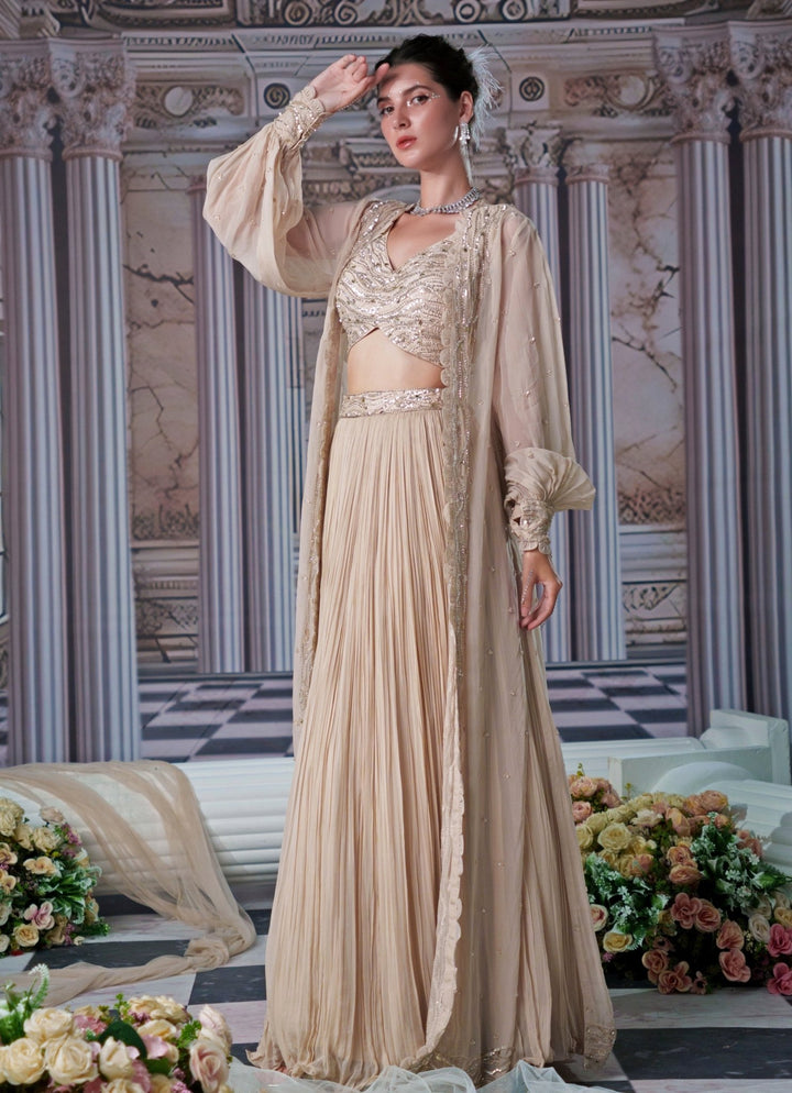 Nude Gold Georgette Lehenga With Embroidered Long Cape Nidhika Shekhar - Fabilicious Fashion