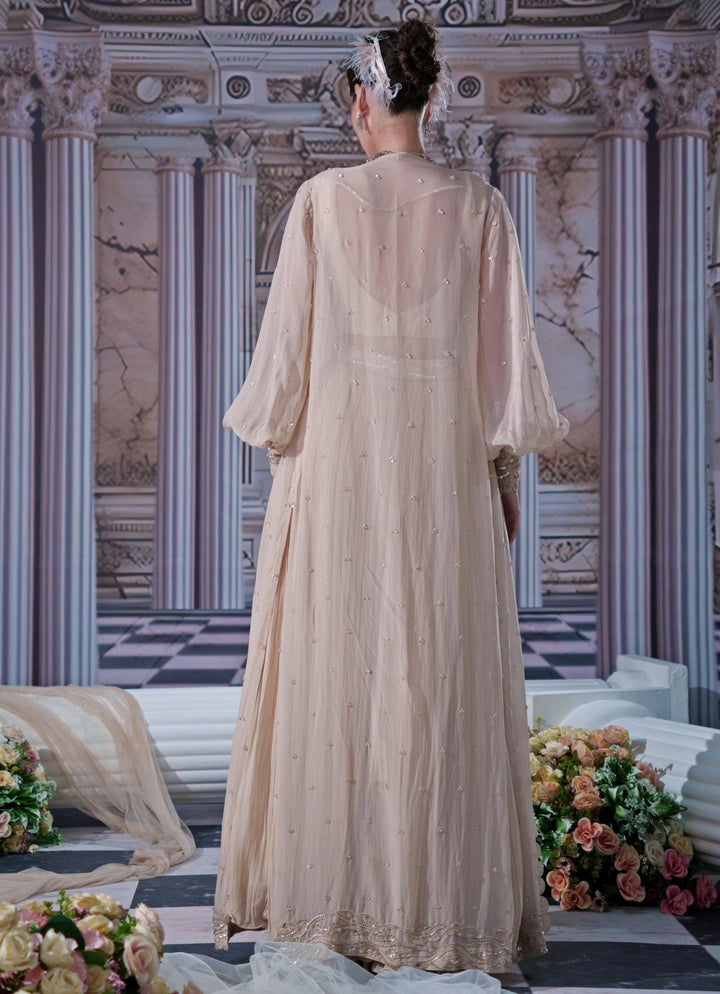 Nude Gold Georgette Lehenga With Embroidered Long Cape Nidhika Shekhar - Fabilicious Fashion