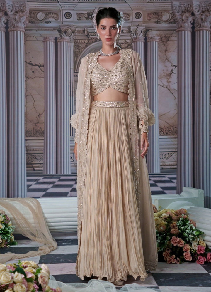 Nude Gold Georgette Lehenga With Embroidered Long Cape Nidhika Shekhar - Fabilicious Fashion