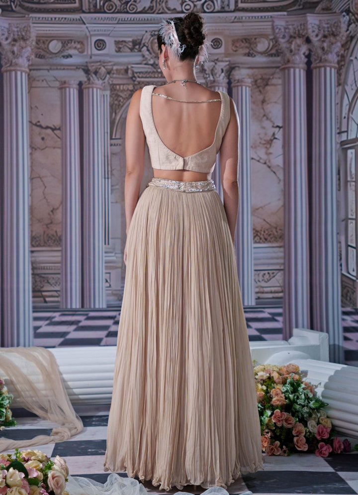 Nude Gold Georgette Lehenga With Embroidered Long Cape Nidhika Shekhar - Fabilicious Fashion