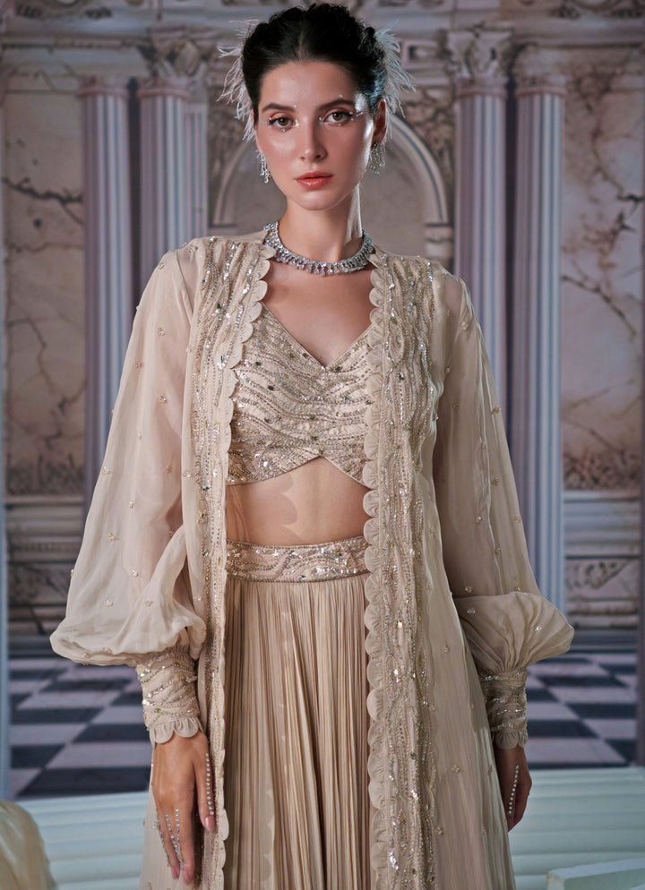 Nude Gold Georgette Lehenga With Embroidered Long Cape Nidhika Shekhar - Fabilicious Fashion