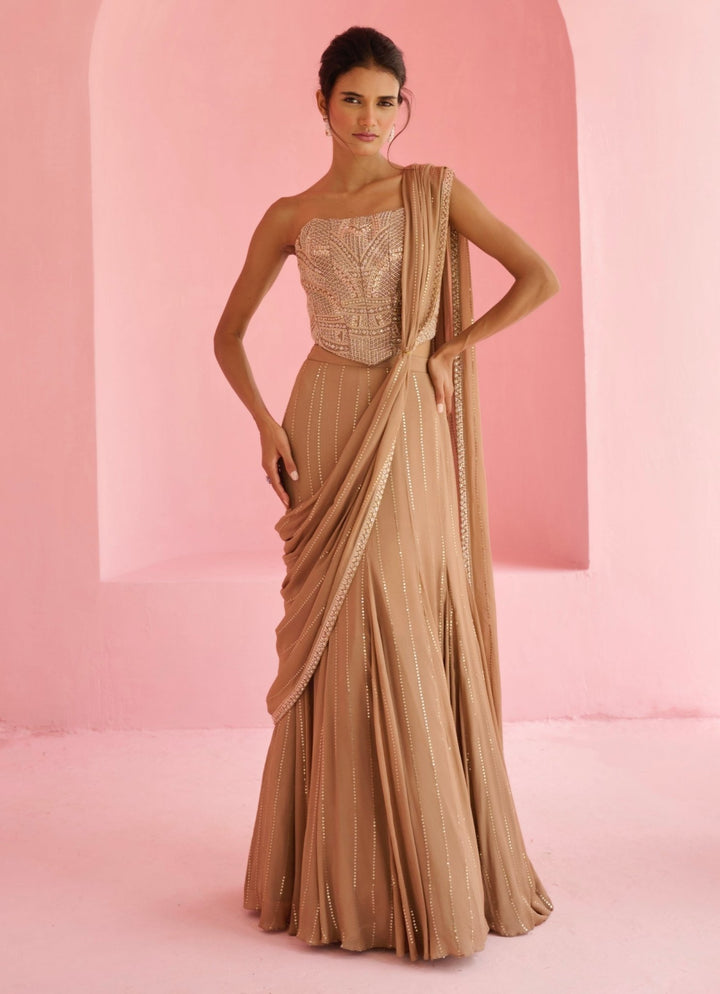 Nude Gold Georgette Predraped Saree Set Chamee and Palak - Fabilicious Fashion