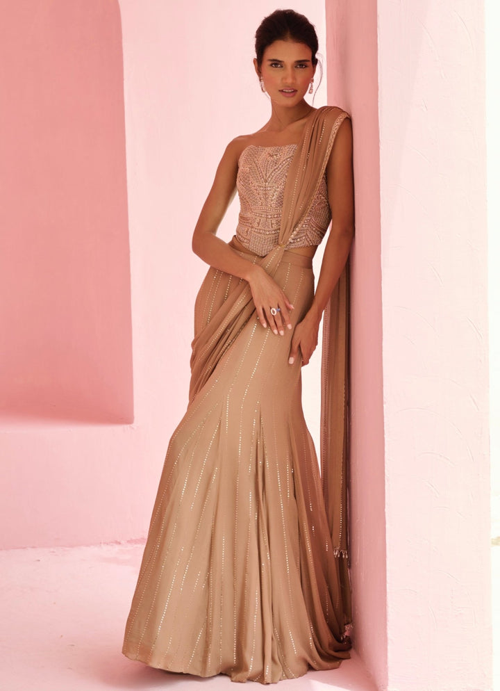 Nude Gold Georgette Predraped Saree Set Chamee and Palak - Fabilicious Fashion