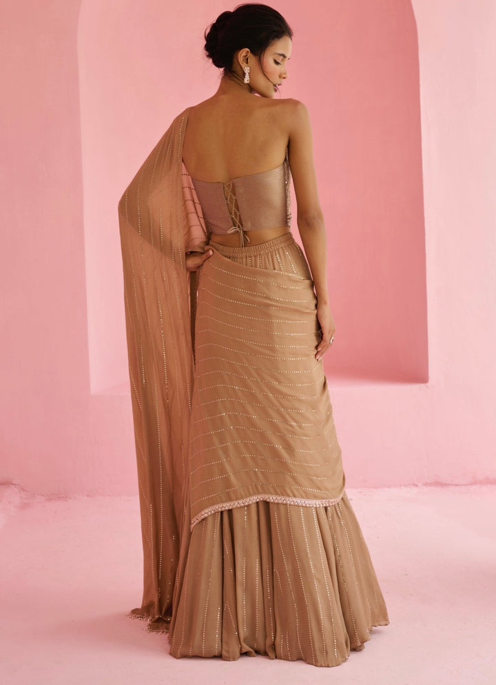 Nude Gold Georgette Predraped Saree Set Chamee and Palak - Fabilicious Fashion