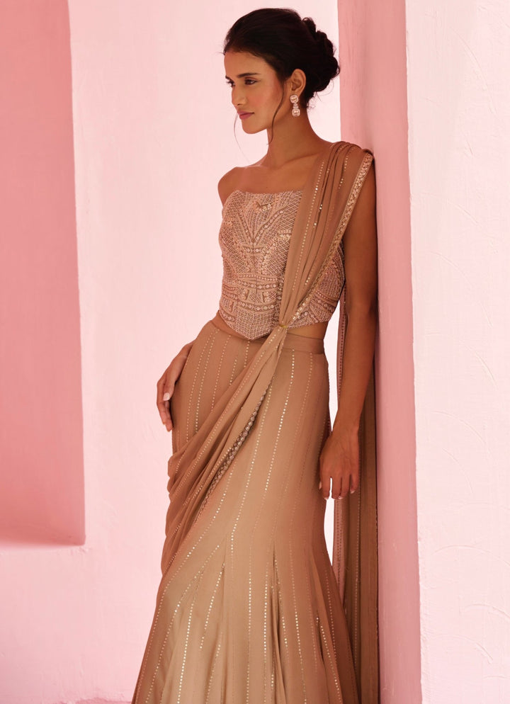 Nude Gold Georgette Predraped Saree Set Chamee and Palak - Fabilicious Fashion