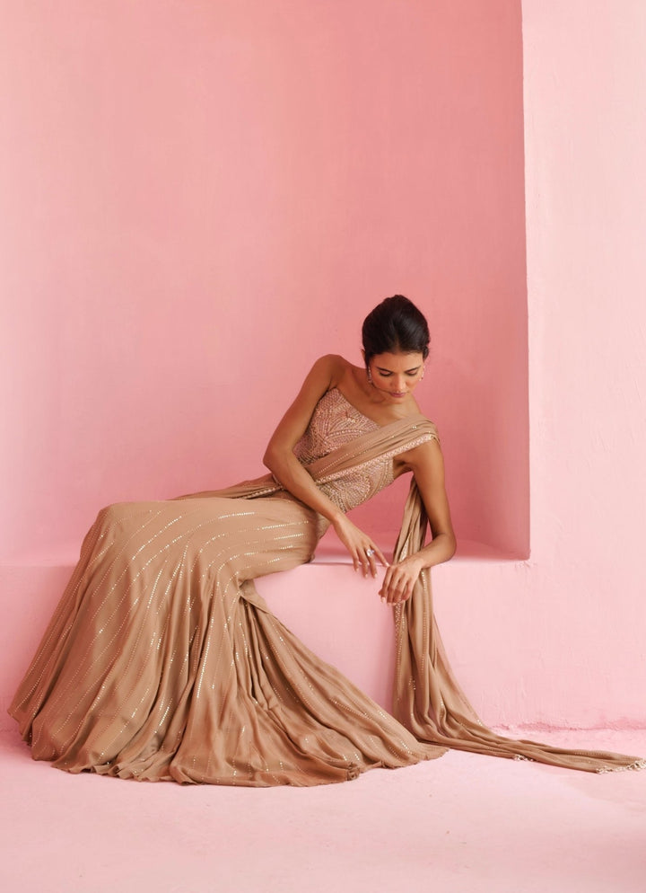 Nude Gold Georgette Predraped Saree Set Chamee and Palak - Fabilicious Fashion